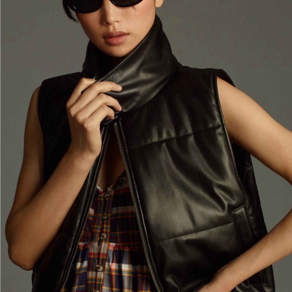 Anthropologie Faux Leather Black Puffer Vest